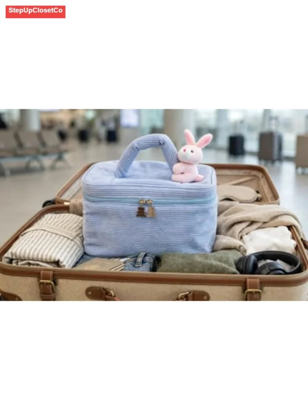 Cute Corduroy Makeup Bag with Bear Charm, Large Cosmetic Organizer, Travel